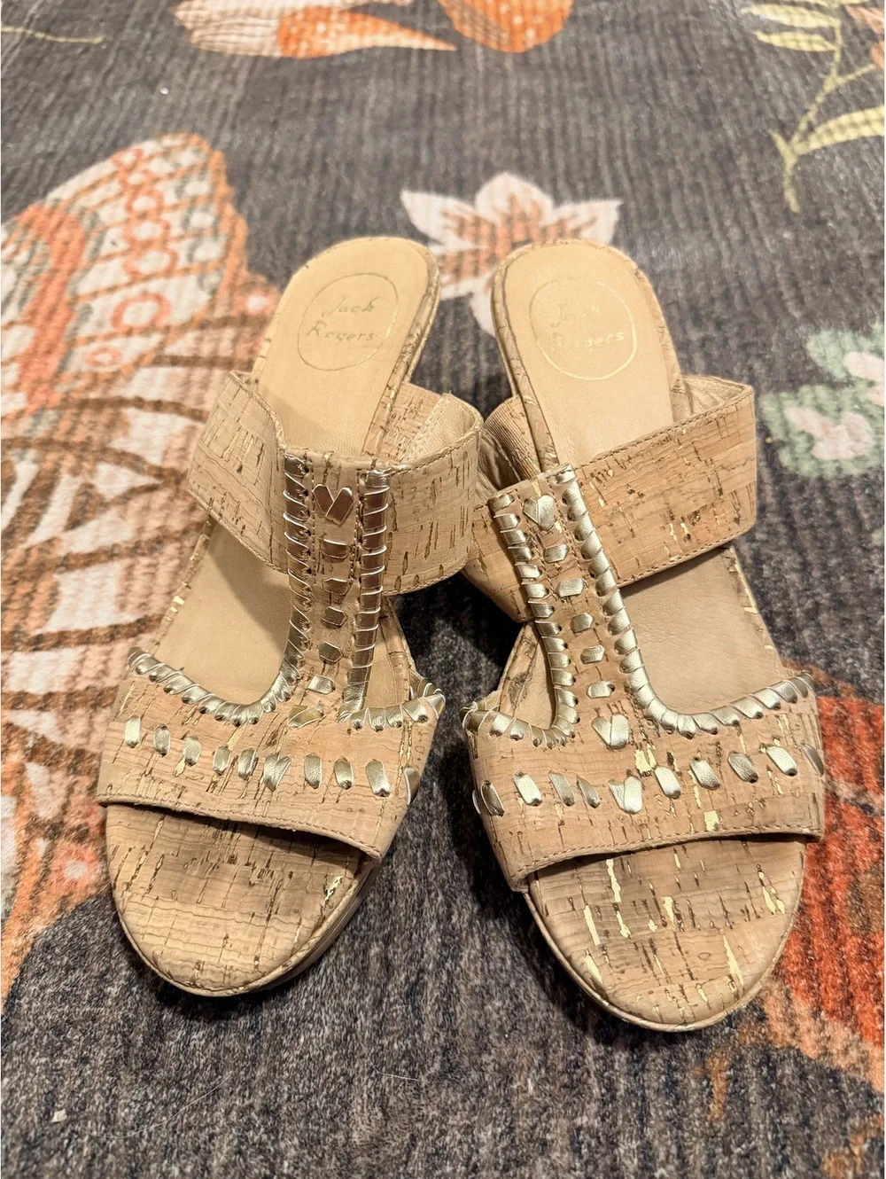 Jack Rogers Cork Wedge Slide Sandals Metallic Gold Whipstitch Size 7.5